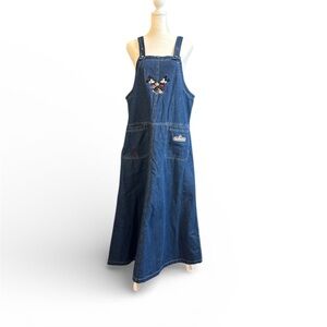 Vintage 90s Disney Mickey And Minnie Embroidered Blue Denim Jumper Dress Medium